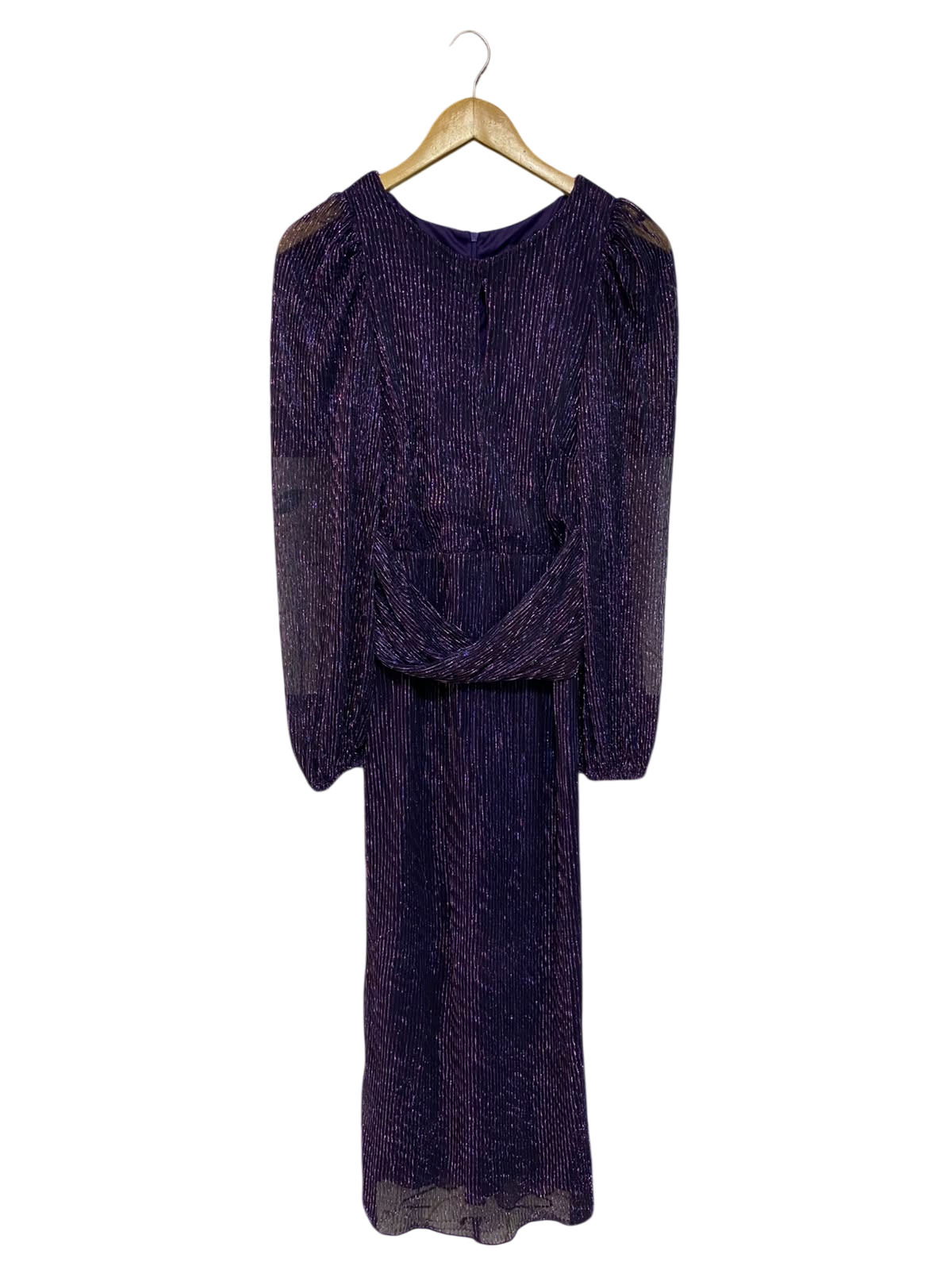 LUXE |S| BUST 16| A54| DEEP PURPLE METALLIC PLEATED LONG-SLEEVE TECHNICAL UTILITY MIDI DRESS