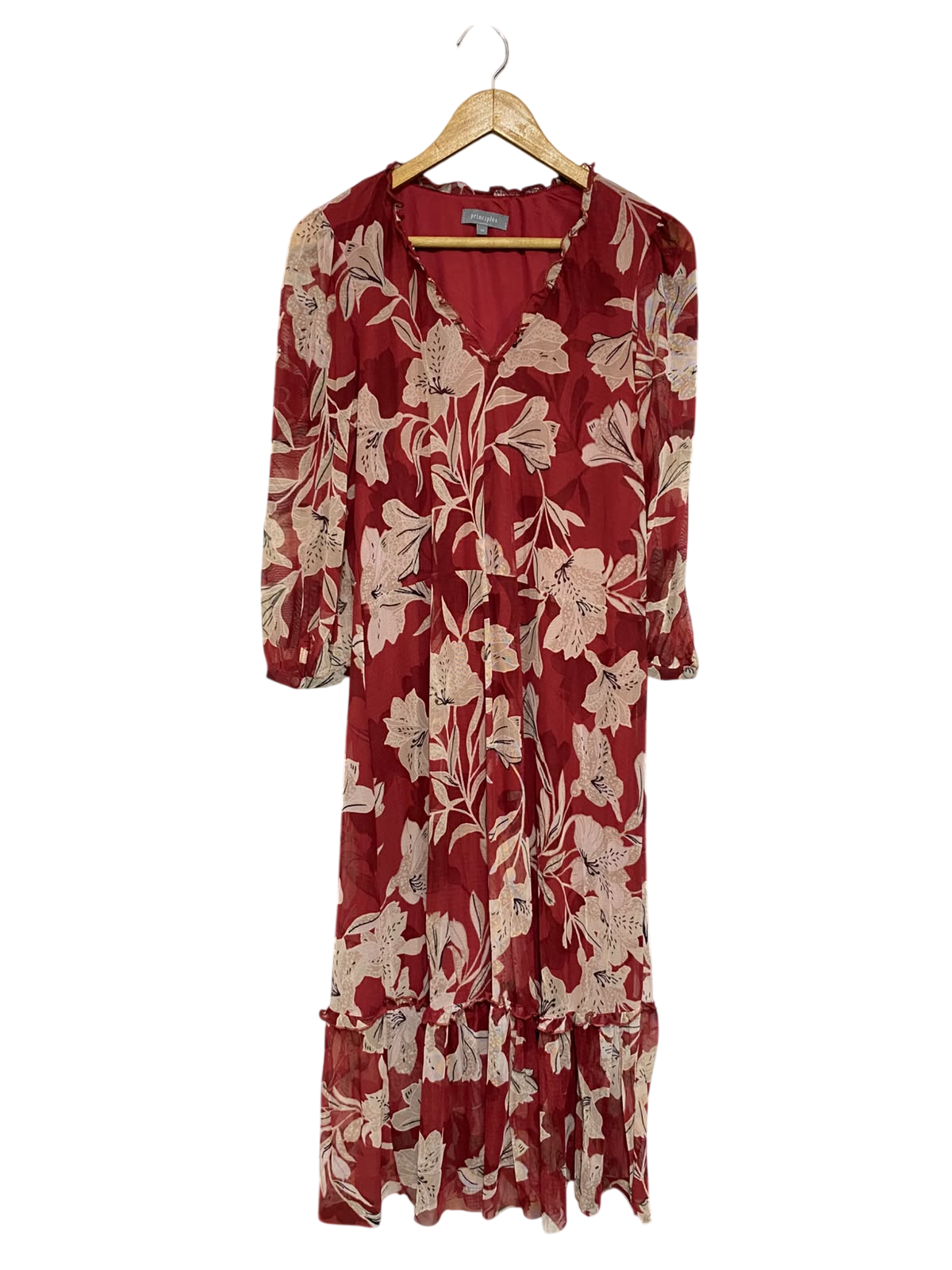 PRINCIPLES |M| BUST 17| A54| RED AND BEIGE FLORAL-PRINT V-NECK TECHNICAL UTILITY MIDI DRESS