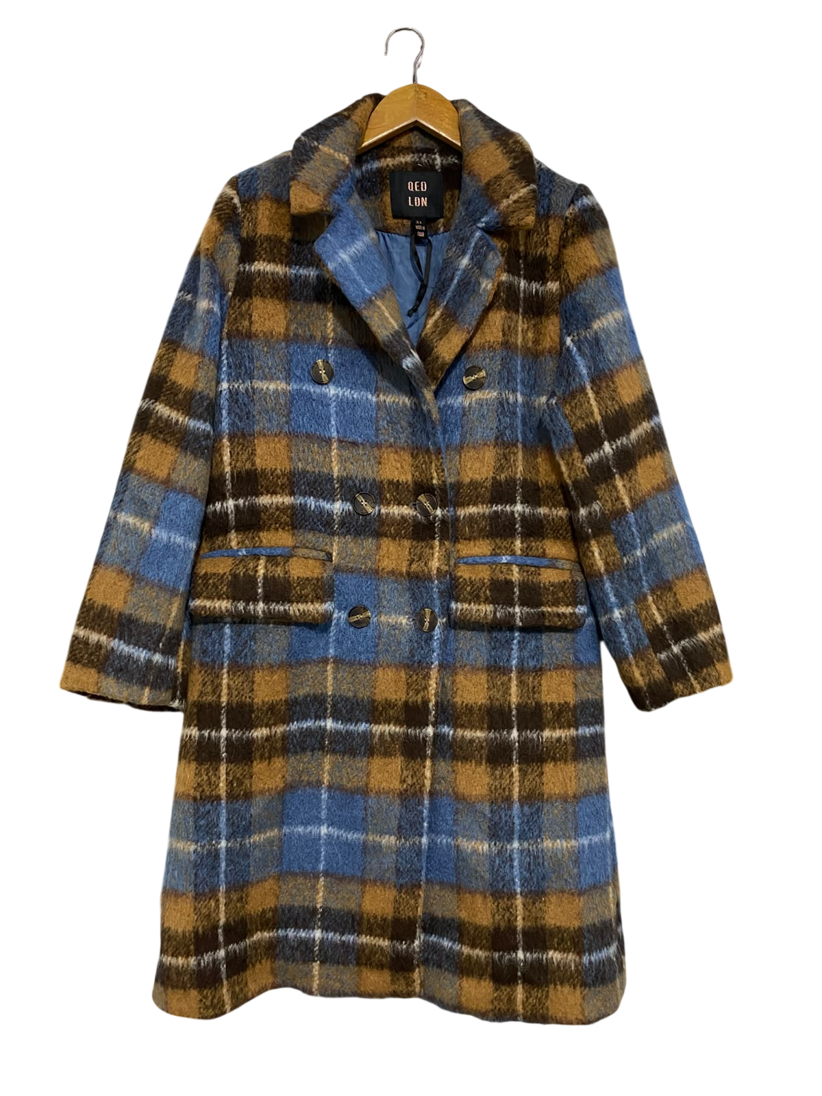 QEDLDN |S| BUST 20| A54| BLUE AND BROWN PLAID QED LONDON DOUBLE-BREASTED TECHNICAL UTILITY OVERCOAT
