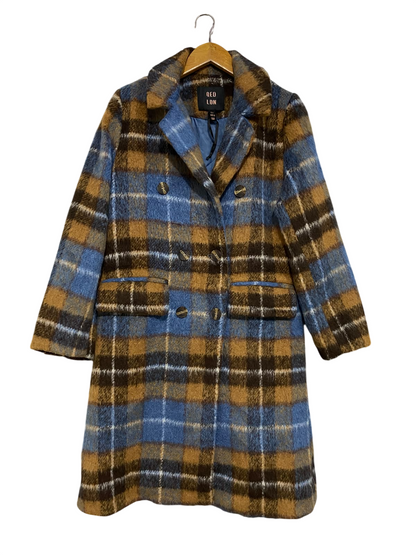 QEDLDN |S| BUST 20| A54| BLUE AND BROWN PLAID QED LONDON DOUBLE-BREASTED TECHNICAL UTILITY OVERCOAT