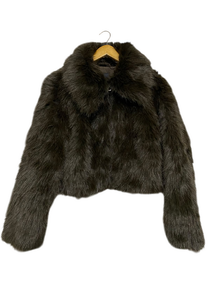 PULL & BEAR |M| BUST 23| A54| DARK BROWN FAUX-FUR CROPPED TECHNICAL UTILITY STATEMENT JACKET