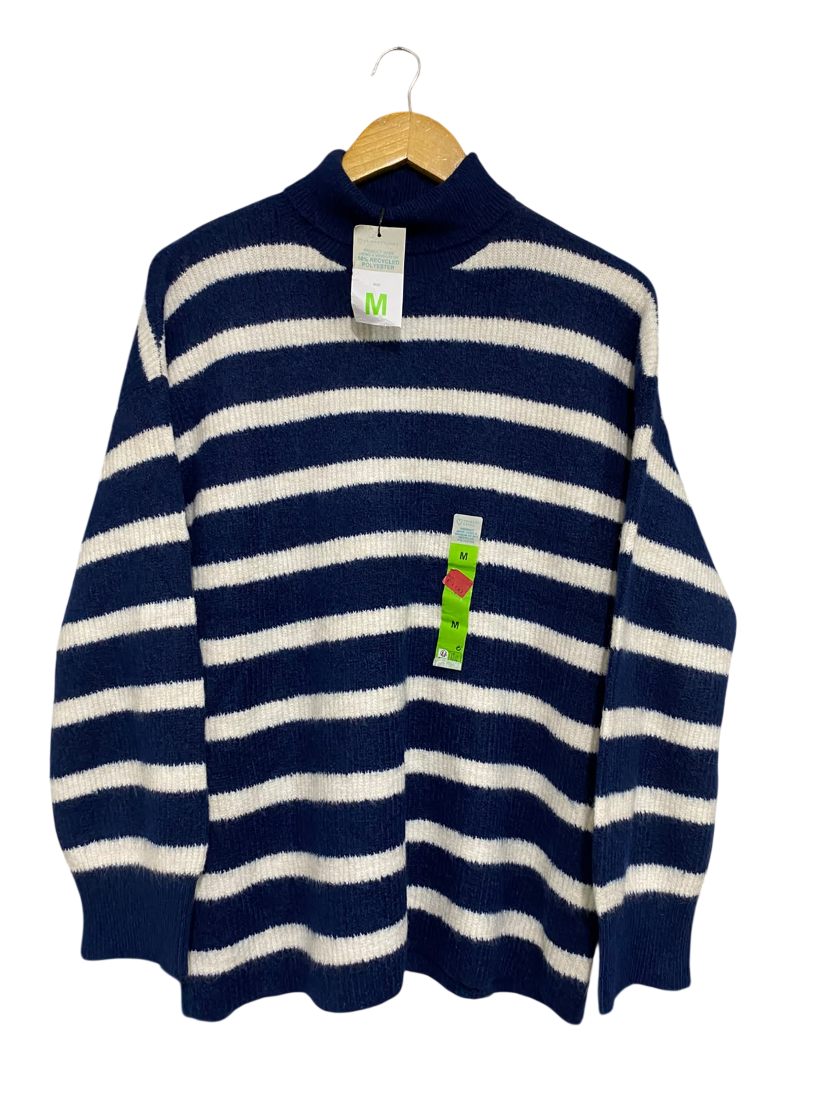 PRIMARK CARES |M| BUST 22| A54| NAVY AND WHITE STRIPED MOCK-NECK TECHNICAL UTILITY KNIT SWEATER
