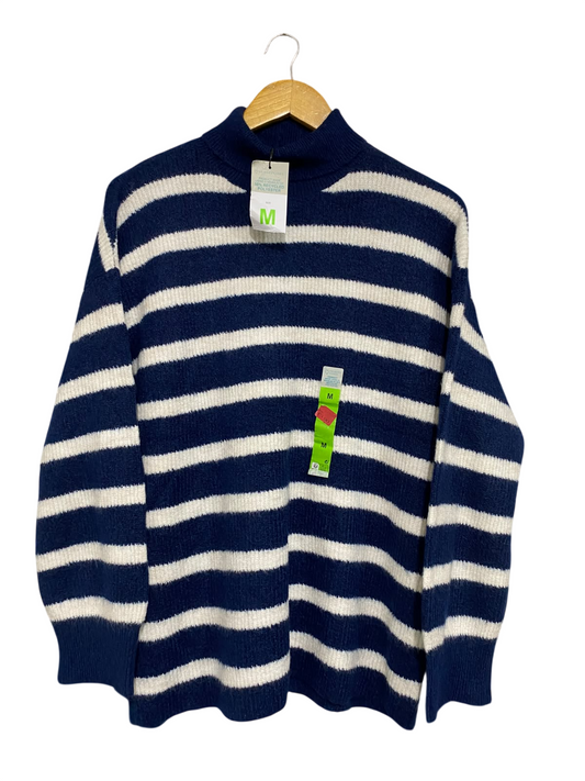 PRIMARK CARES |M| BUST 22| A54| NAVY AND WHITE STRIPED MOCK-NECK TECHNICAL UTILITY KNIT SWEATER
