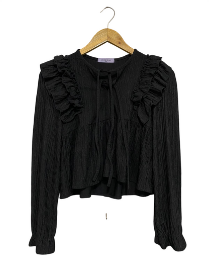 LOOK SLAY |S/M| BUST 16| A54| BLACK LOOK SLAY RUFFLE-TRIM TIE-FRONT TECHNICAL UTILITY BLOUSE