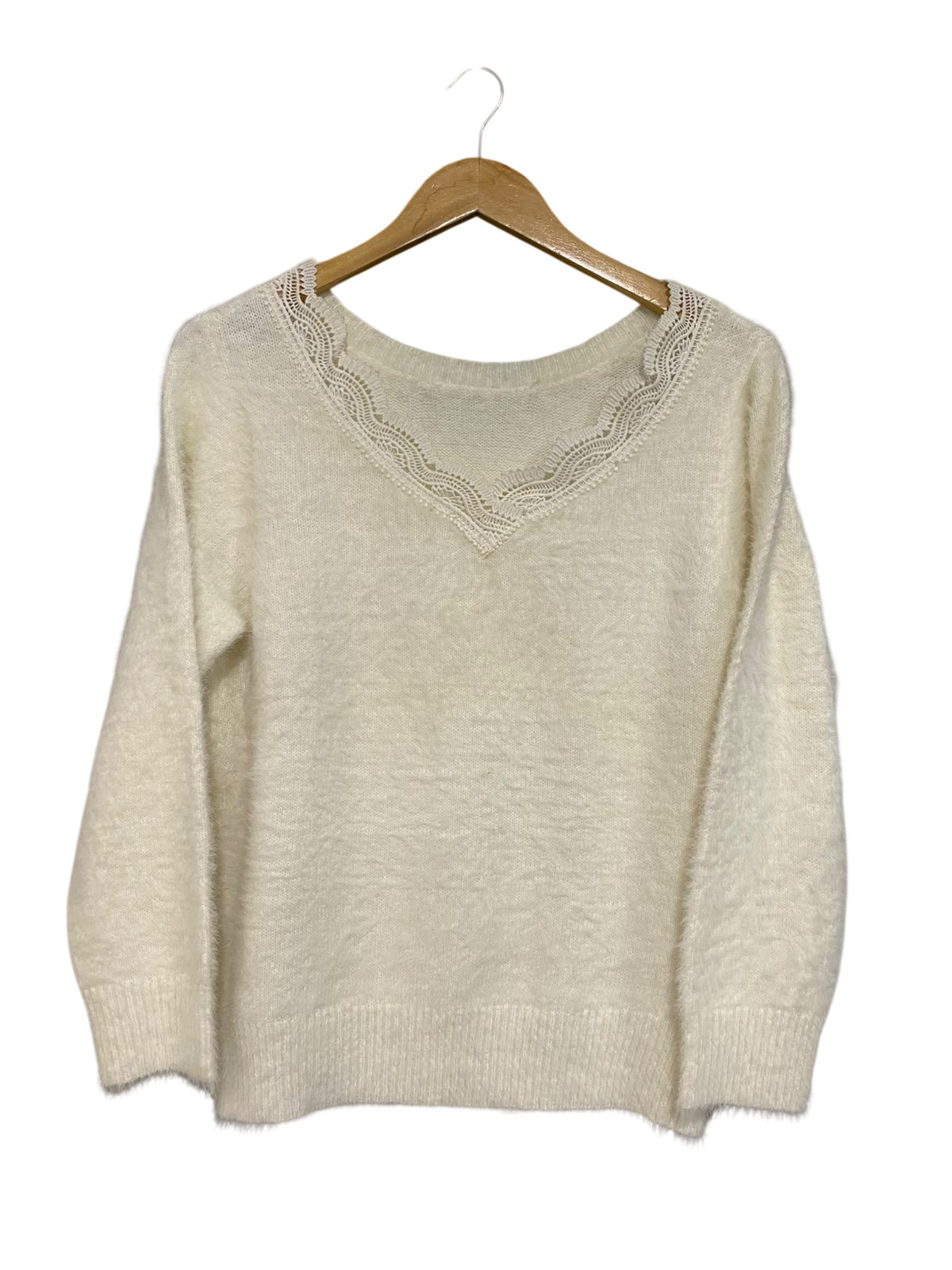 |L| BUST 20| A54| CREAM LACE-TRIM V-NECK FLUFFY TECHNICAL UTILITY KNIT SWEATER