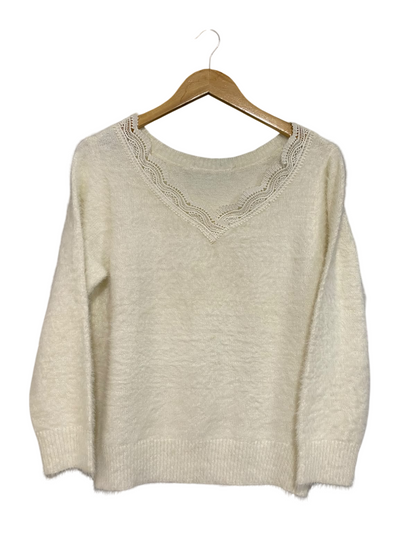 |L| BUST 20| A54| CREAM LACE-TRIM V-NECK FLUFFY TECHNICAL UTILITY KNIT SWEATER