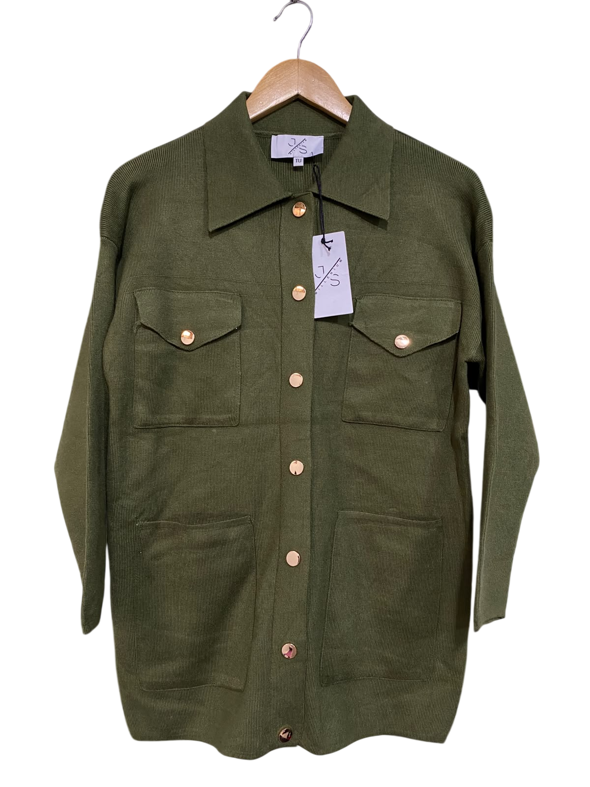 MILLENIUM |L| BUST 20| A54| OLIVE GREEN COLLARED BUTTON-FRONT MULTI-POCKET TECHNICAL UTILITY KNIT SHIRT JACKET