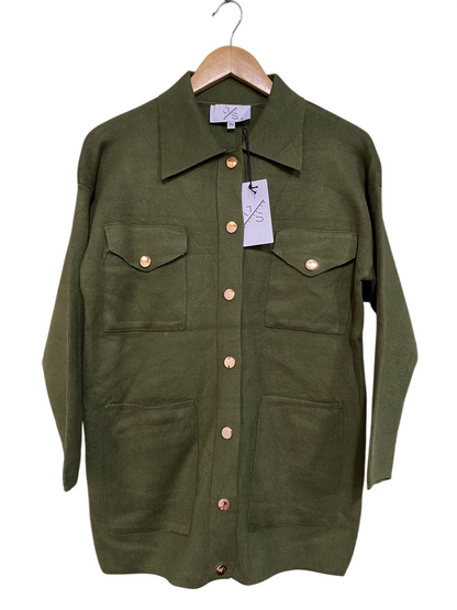 MILLENIUM |L| BUST 20| A54| OLIVE GREEN COLLARED BUTTON-FRONT MULTI-POCKET TECHNICAL UTILITY KNIT SHIRT JACKET