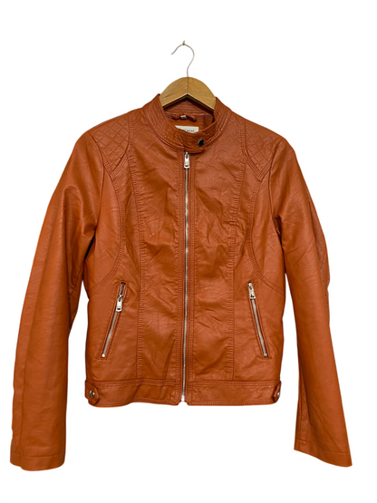 FORGET ME NOT |L| BUST 19| A54| COGNAC BROWN FAUX-LEATHER MOTO-ZIP TECHNICAL UTILITY JACKET
