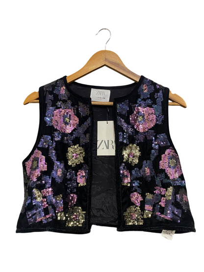 ZARA |S| BUST 17| A54| BLACK ZARA FLORAL SEQUIN EMBROIDERED SLEEVELESS TECHNICAL UTILITY VEST