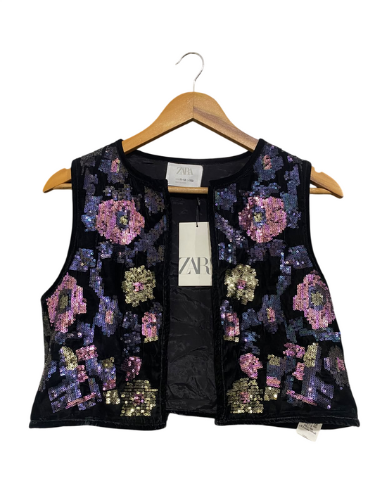 ZARA |S| BUST 17| A54| BLACK ZARA FLORAL SEQUIN EMBROIDERED SLEEVELESS TECHNICAL UTILITY VEST