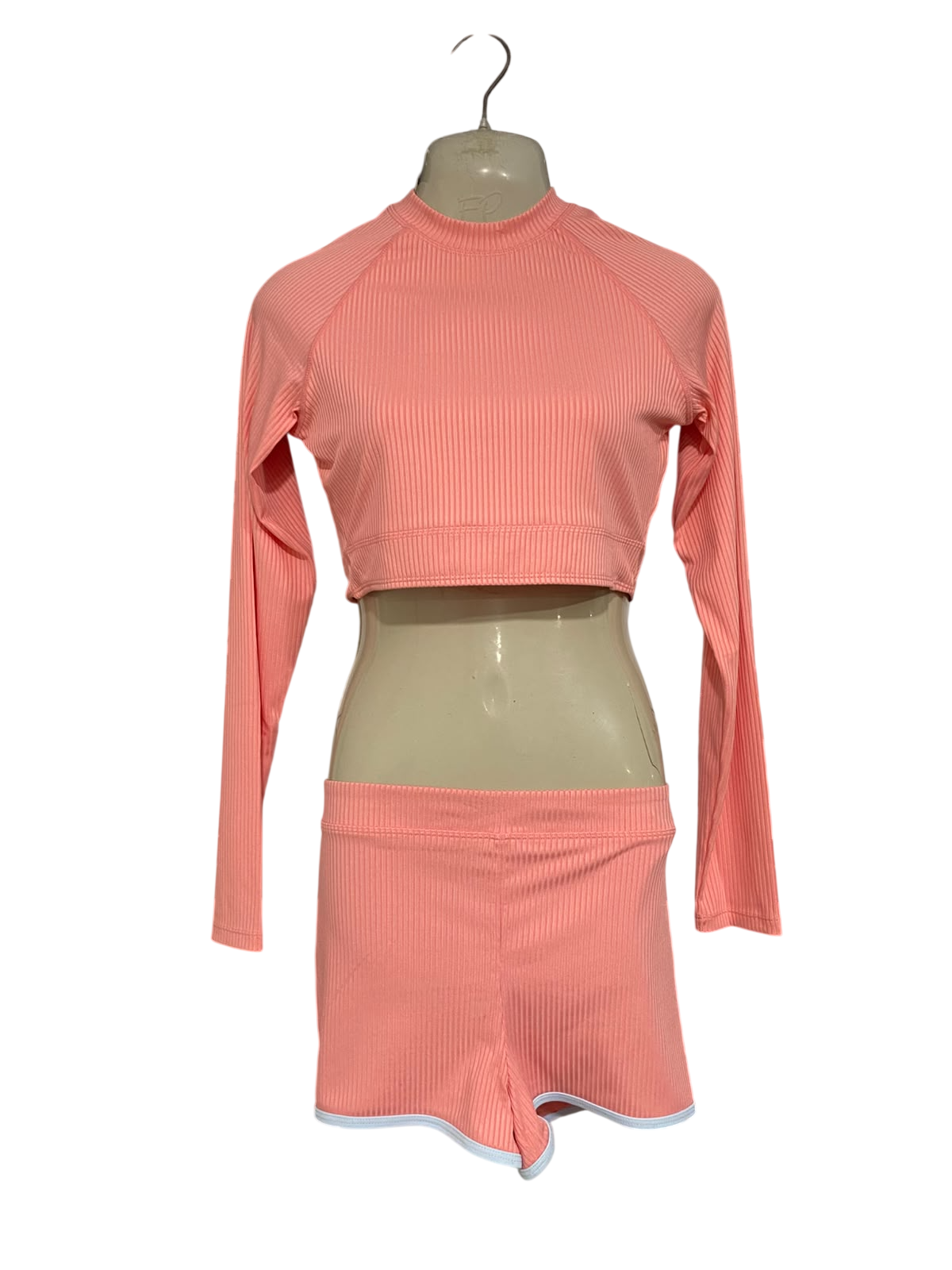 ANKO |XS| A54| PEACH PINK MOCK-NECK LONG-SLEEVE CROPPED-TOP AND SHORTS TECHNICAL UTILITY MATCHING SET