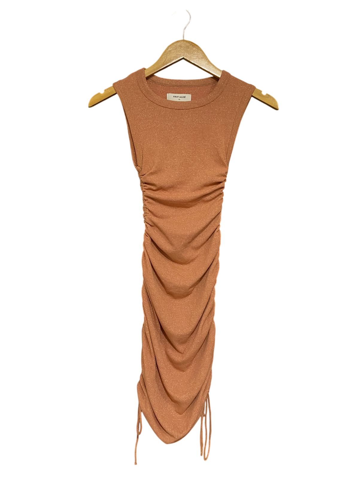 FIRST MUSE |XS| BUST 10| A54| TERRACOTTA RUST CREW-NECK RUCHED SIDE-DRAWSTRING TECHNICAL UTILITY MIDI DRESS