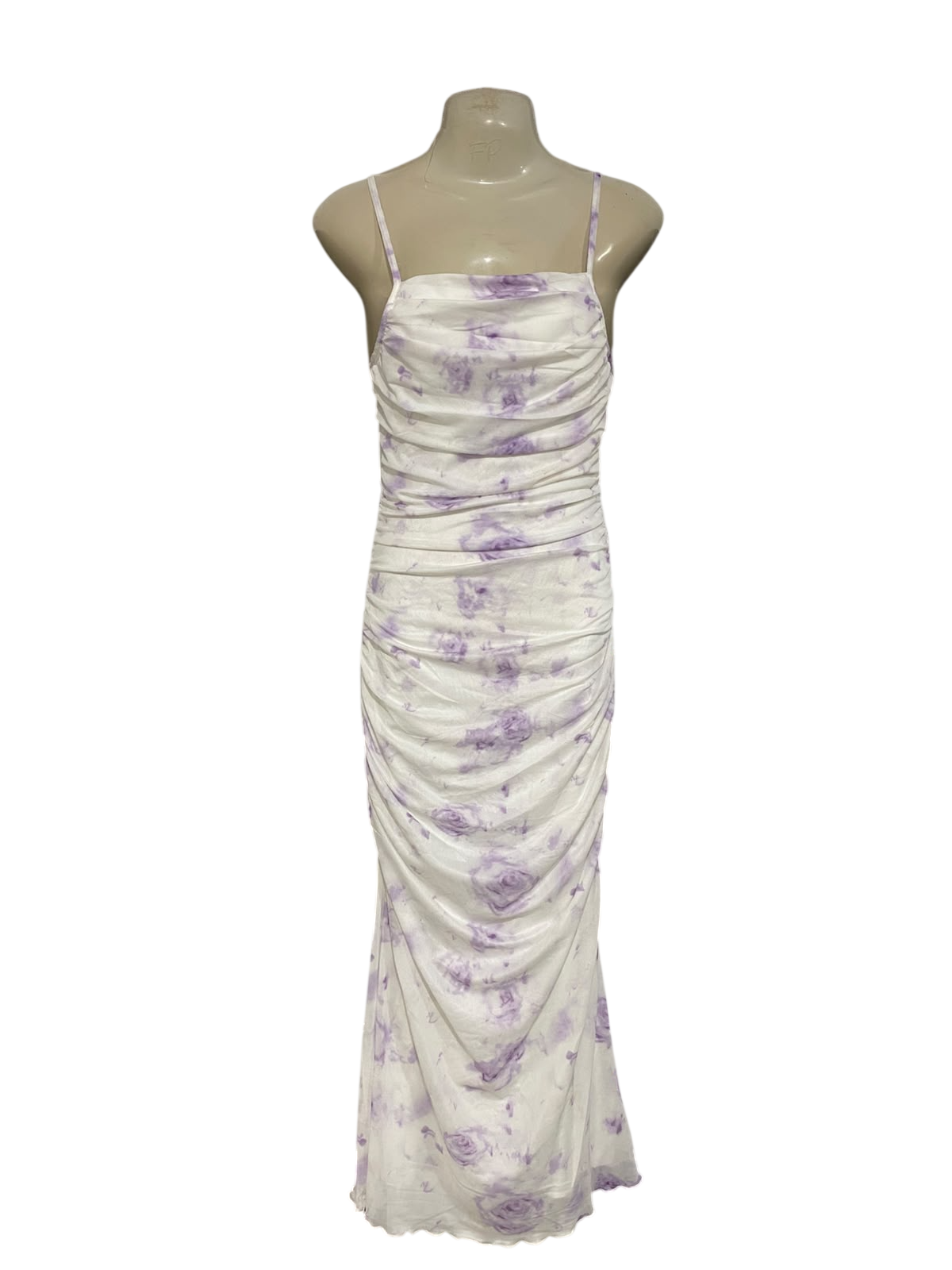 SHEIN |S| BUST 15| A54| PURPLE FLORAL-PRINT RUCHED SLIP TECHNICAL UTILITY MIDI DRESS