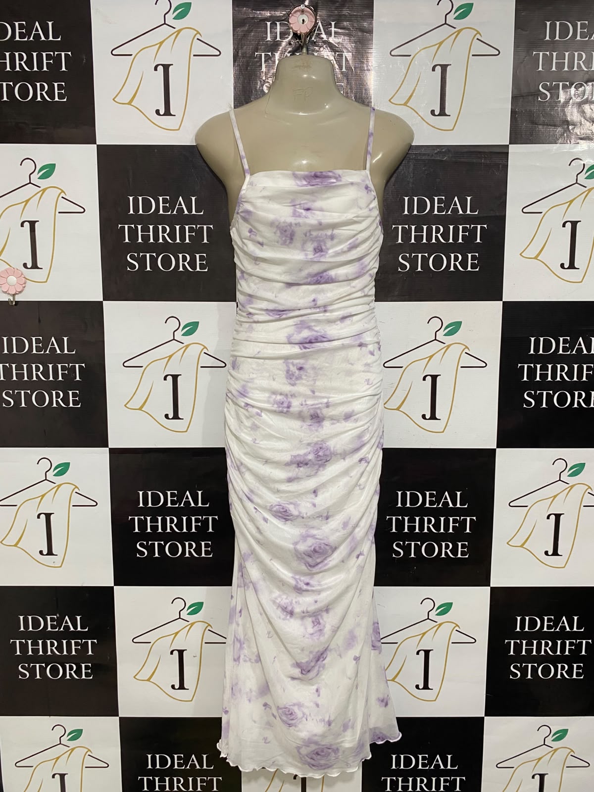 SHEIN |S| BUST 15| A54| PURPLE FLORAL-PRINT RUCHED SLIP TECHNICAL UTILITY MIDI DRESS