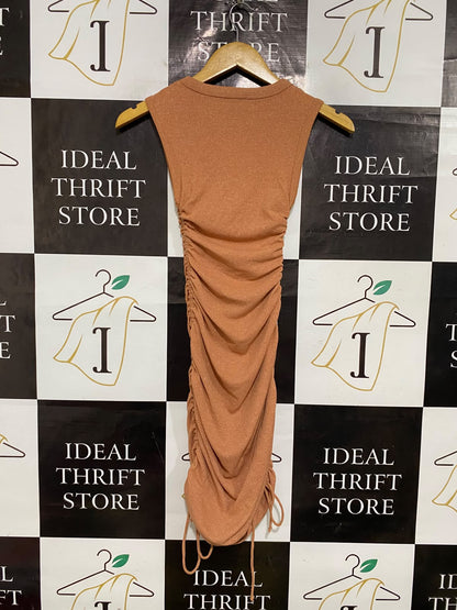 FIRST MUSE |XS| BUST 10| A54| TERRACOTTA RUST CREW-NECK RUCHED SIDE-DRAWSTRING TECHNICAL UTILITY MIDI DRESS