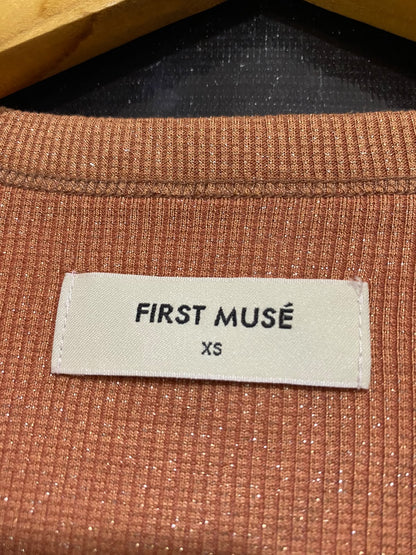 FIRST MUSE |XS| BUST 10| A54| TERRACOTTA RUST CREW-NECK RUCHED SIDE-DRAWSTRING TECHNICAL UTILITY MIDI DRESS