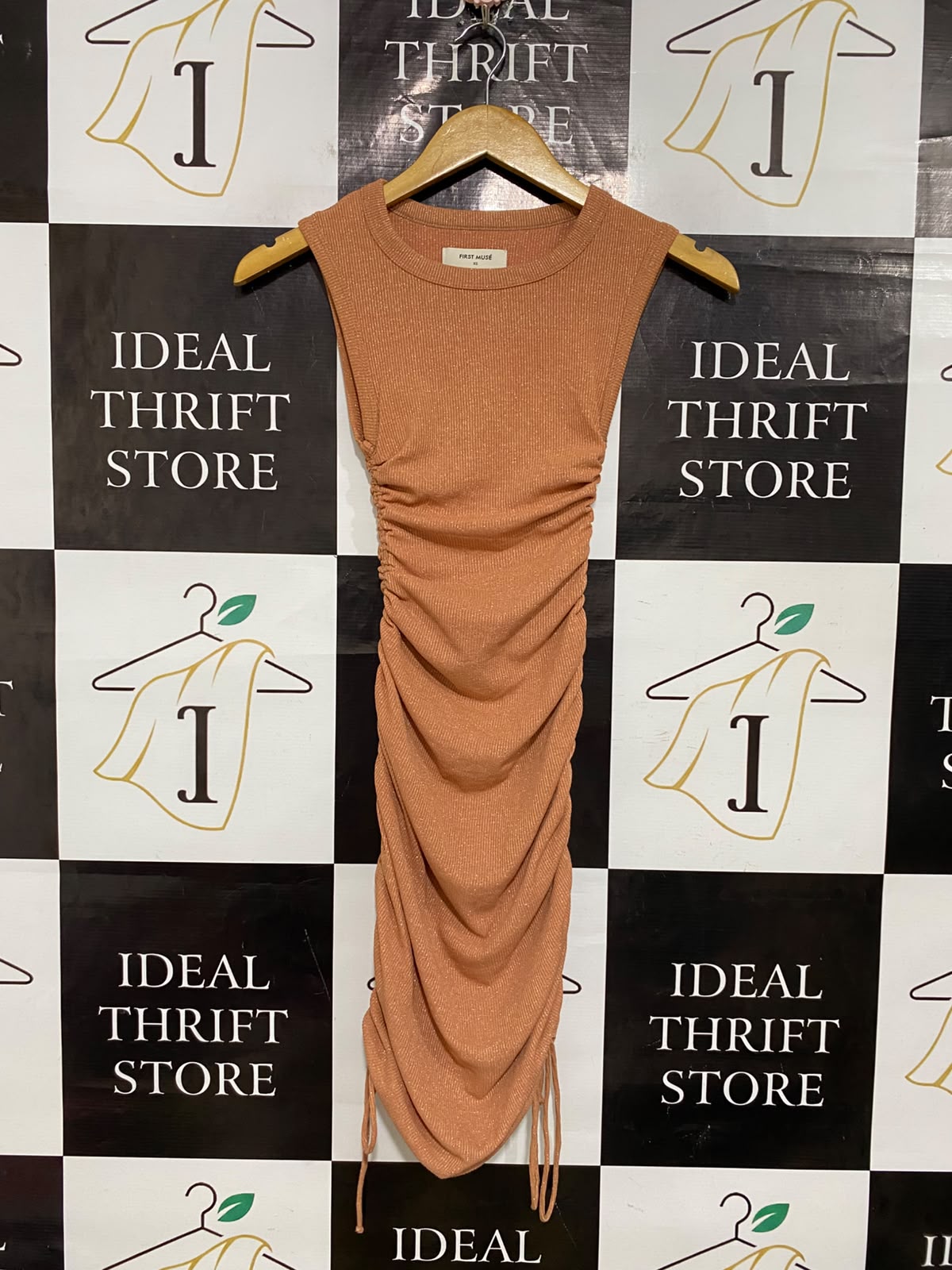 FIRST MUSE |XS| BUST 10| A54| TERRACOTTA RUST CREW-NECK RUCHED SIDE-DRAWSTRING TECHNICAL UTILITY MIDI DRESS