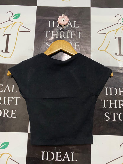 ZARA |S| BUST 13| A54| BLACK ZARA CREW-NECK CAP-SLEEVE TECHNICAL UTILITY CROP TOP