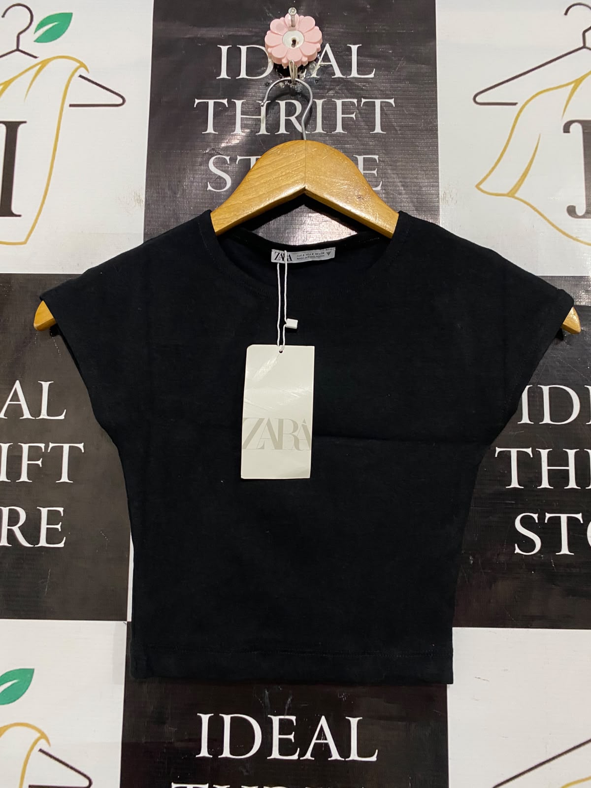 ZARA |S| BUST 13| A54| BLACK ZARA CREW-NECK CAP-SLEEVE TECHNICAL UTILITY CROP TOP