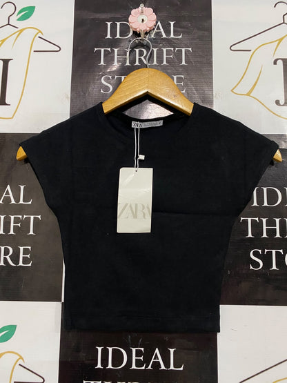 ZARA |S| BUST 13| A54| BLACK ZARA CREW-NECK CAP-SLEEVE TECHNICAL UTILITY CROP TOP