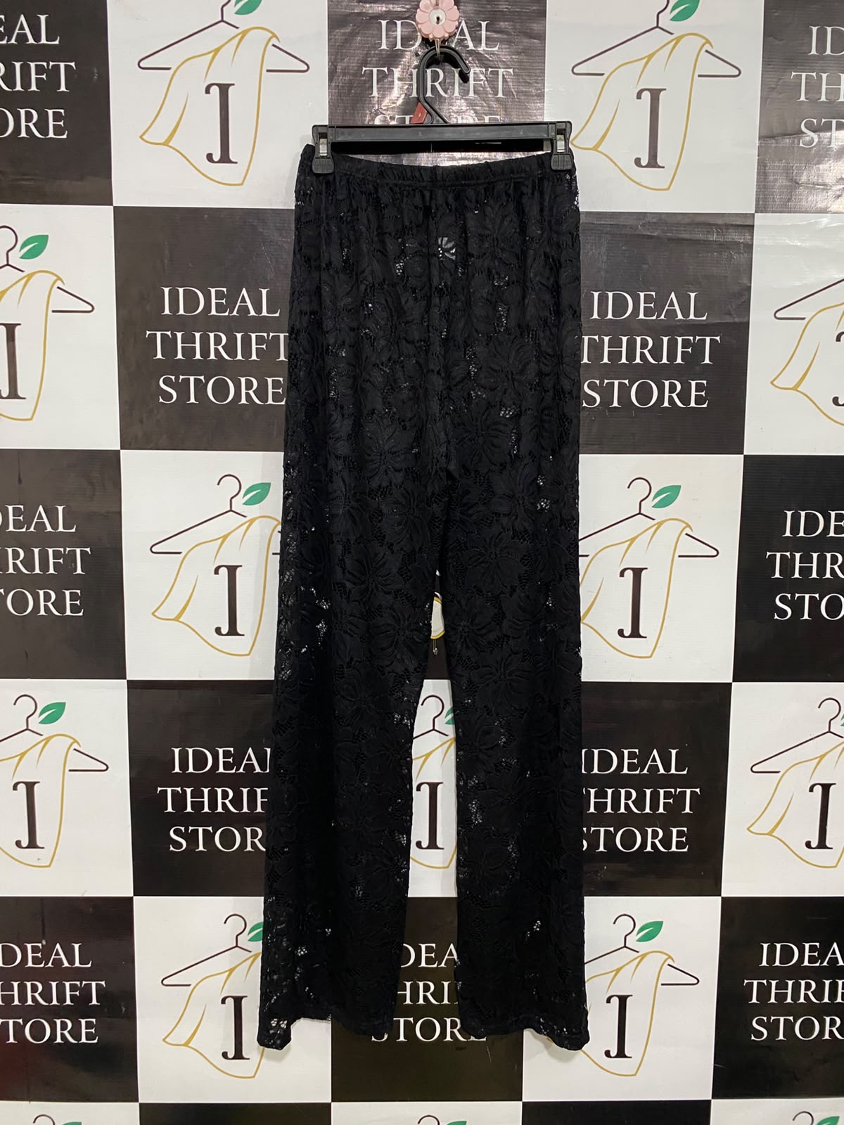PETAL PUP |XS| WAIST 24| A54| BLACK FLORAL LACE-OVERLAY WIDE-LEG TECHNICAL UTILITY TROUSERS