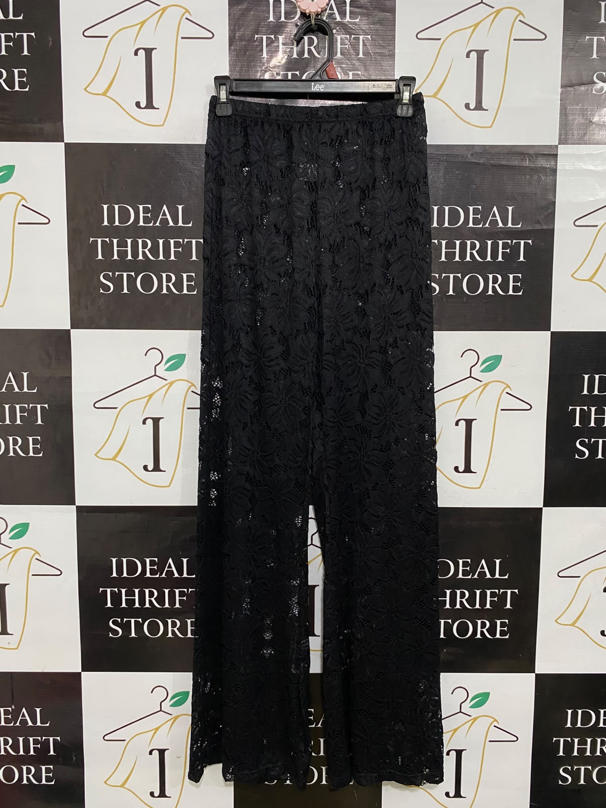 PETAL PUP |XS| WAIST 24| A54| BLACK FLORAL LACE-OVERLAY WIDE-LEG TECHNICAL UTILITY TROUSERS
