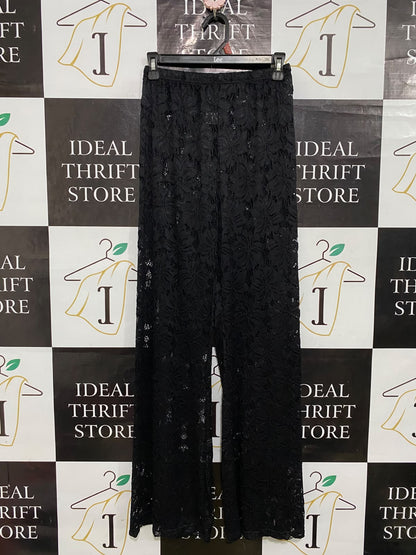 PETAL PUP |XS| WAIST 24| A54| BLACK FLORAL LACE-OVERLAY WIDE-LEG TECHNICAL UTILITY TROUSERS
