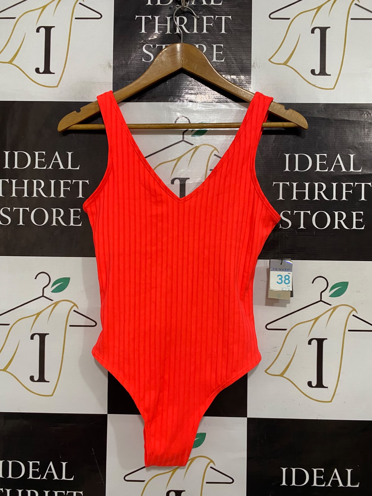 PRIMARK |S| BUST 14| A54| BRIGHT RED V-NECK RIBBED TECHNICAL UTILITY BODYSUIT