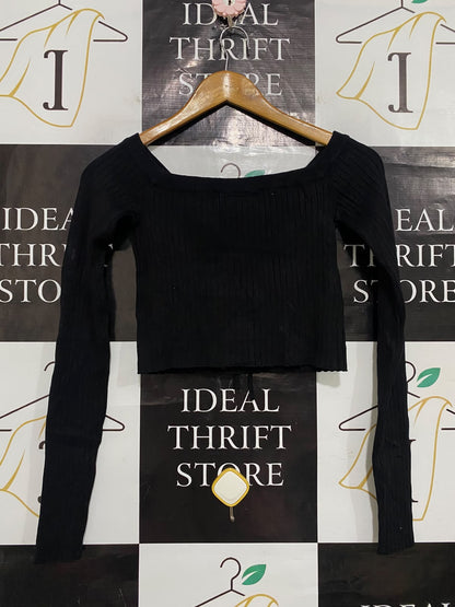 MONKL |S| BUST 12| A54| BLACK OFF-SHOULDER TIE-FRONT LONG-SLEEVE TECHNICAL UTILITY CROP TOP
