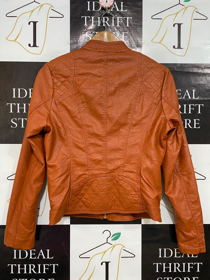 FORGET ME NOT |L| BUST 19| A54| COGNAC BROWN FAUX-LEATHER MOTO-ZIP TECHNICAL UTILITY JACKET