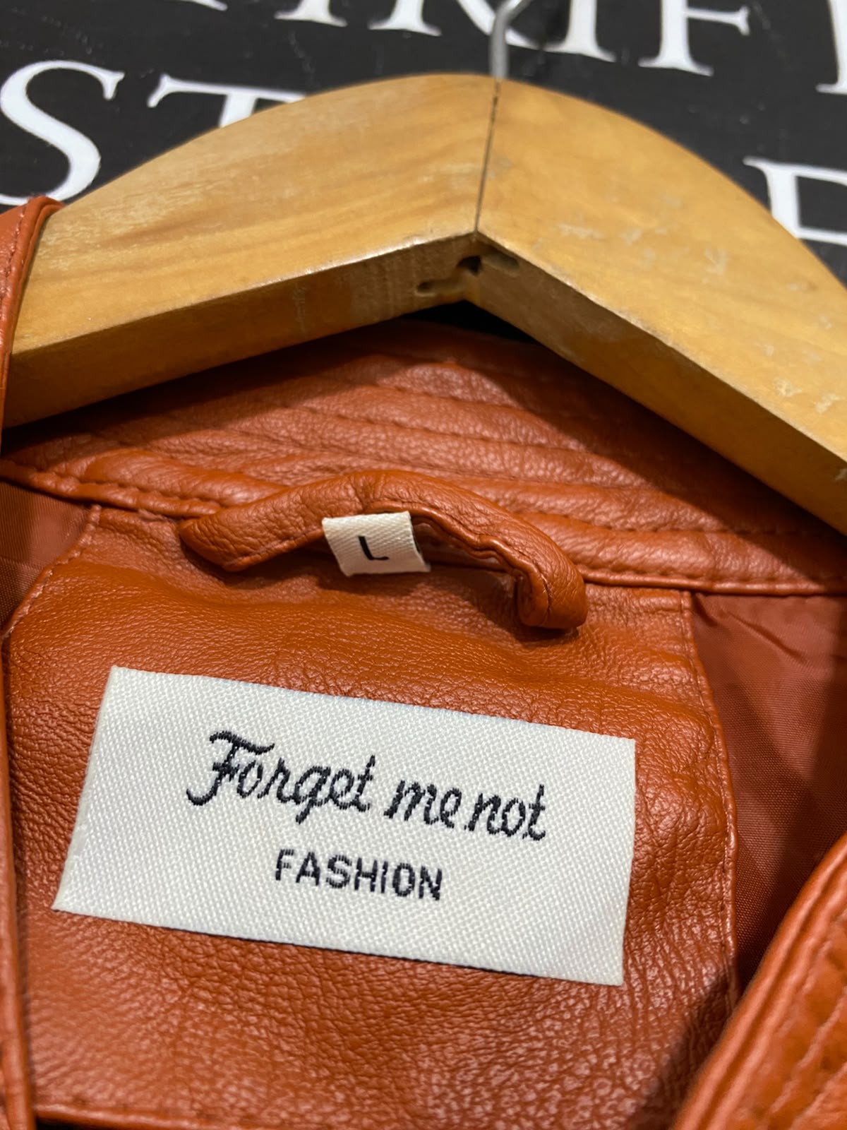 FORGET ME NOT |L| BUST 19| A54| COGNAC BROWN FAUX-LEATHER MOTO-ZIP TECHNICAL UTILITY JACKET