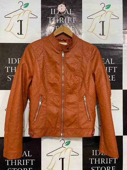 FORGET ME NOT |L| BUST 19| A54| COGNAC BROWN FAUX-LEATHER MOTO-ZIP TECHNICAL UTILITY JACKET