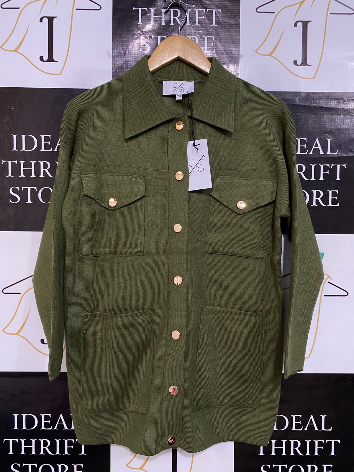 MILLENIUM |L| BUST 20| A54| OLIVE GREEN COLLARED BUTTON-FRONT MULTI-POCKET TECHNICAL UTILITY KNIT SHIRT JACKET