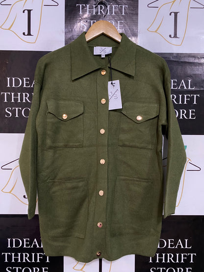 MILLENIUM |L| BUST 20| A54| OLIVE GREEN COLLARED BUTTON-FRONT MULTI-POCKET TECHNICAL UTILITY KNIT SHIRT JACKET
