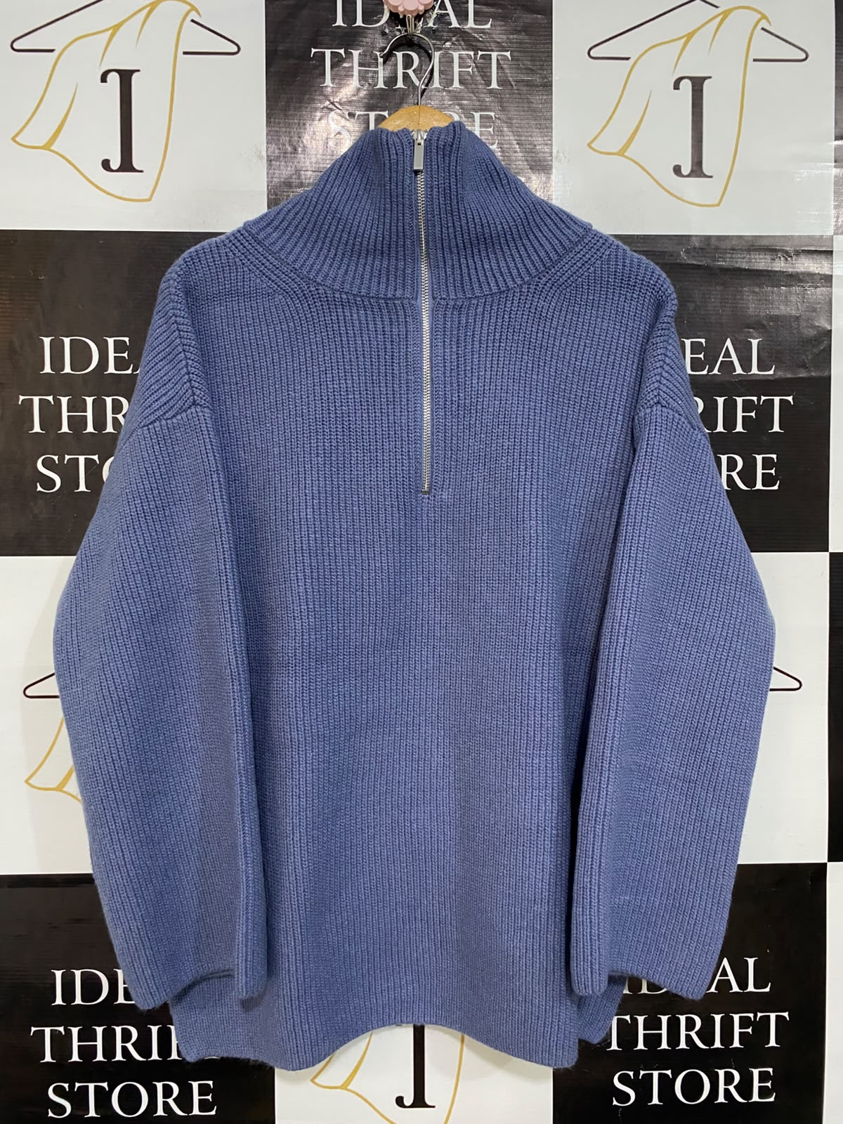 H&M |L| BUST 24| A54| SLATE BLUE QUARTER-ZIP HIGH-NECK OVERSIZED TECHNICAL UTILITY KNIT SWEATER