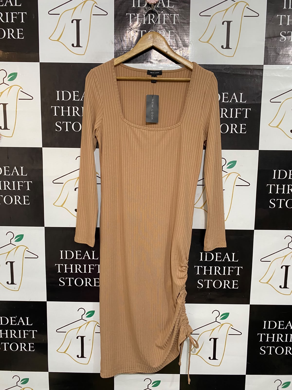 NEW LOOK |M| BUST 18| A54| CAMEL NEW LOOK SQUARE-NECK SIDE-RUCHED TECHNICAL UTILITY MIDI DRESS