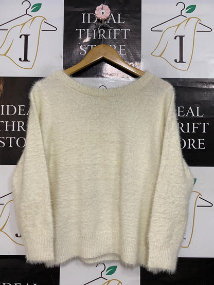 |L| BUST 20| A54| CREAM LACE-TRIM V-NECK FLUFFY TECHNICAL UTILITY KNIT SWEATER
