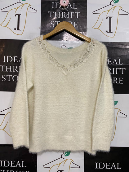 |L| BUST 20| A54| CREAM LACE-TRIM V-NECK FLUFFY TECHNICAL UTILITY KNIT SWEATER
