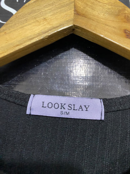 LOOK SLAY |S/M| BUST 16| A54| BLACK LOOK SLAY RUFFLE-TRIM TIE-FRONT TECHNICAL UTILITY BLOUSE