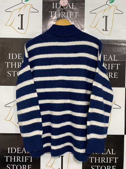 PRIMARK CARES |M| BUST 22| A54| NAVY AND WHITE STRIPED MOCK-NECK TECHNICAL UTILITY KNIT SWEATER