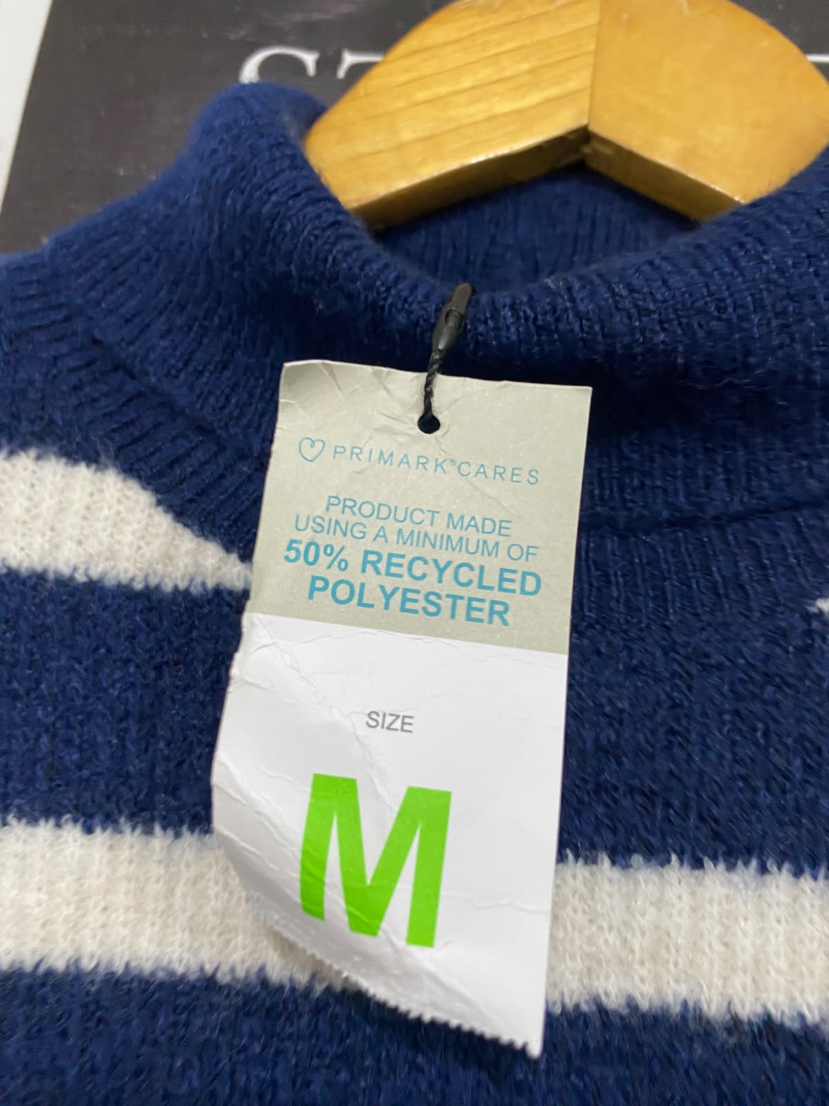 PRIMARK CARES |M| BUST 22| A54| NAVY AND WHITE STRIPED MOCK-NECK TECHNICAL UTILITY KNIT SWEATER