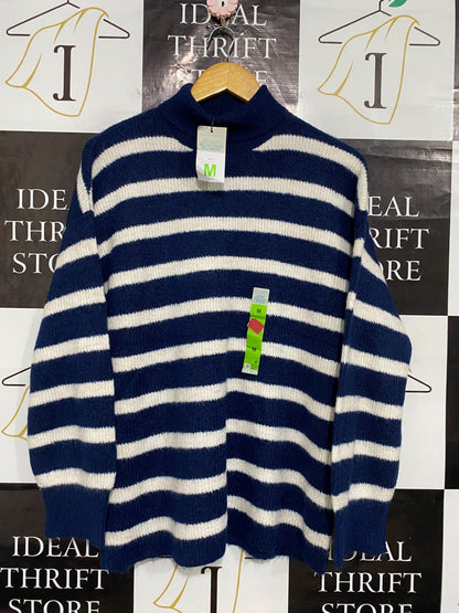 PRIMARK CARES |M| BUST 22| A54| NAVY AND WHITE STRIPED MOCK-NECK TECHNICAL UTILITY KNIT SWEATER