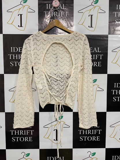H&M |M| BUST 16| A54| CREAM CHEVRON OPEN-KNIT TIE-BACK TECHNICAL UTILITY LONG-SLEEVE TOP