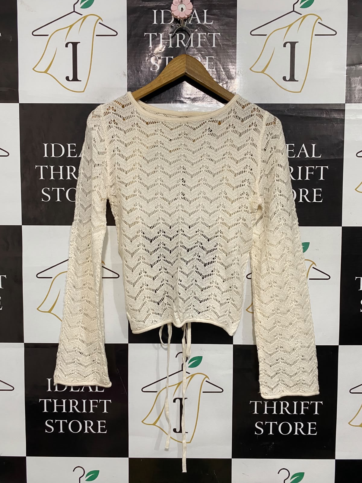 H&M |M| BUST 16| A54| CREAM CHEVRON OPEN-KNIT TIE-BACK TECHNICAL UTILITY LONG-SLEEVE TOP