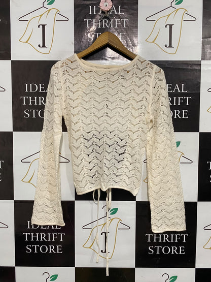 H&M |M| BUST 16| A54| CREAM CHEVRON OPEN-KNIT TIE-BACK TECHNICAL UTILITY LONG-SLEEVE TOP
