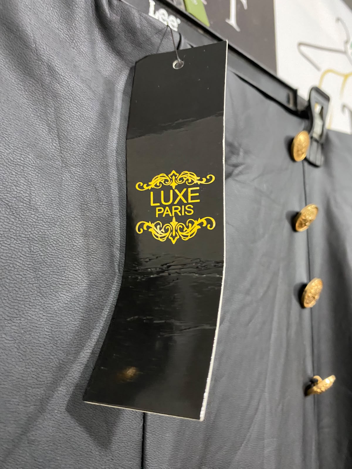 LUXE |L| WAIST 36| A54| BLACK GOLD-BUTTON FAUX-LEATHER TECHNICAL UTILITY LEGGINGS