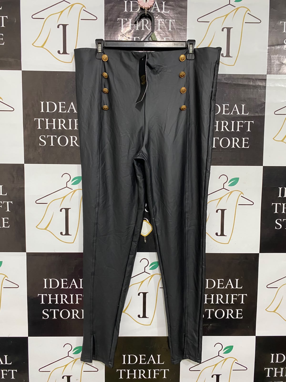 LUXE |L| WAIST 36| A54| BLACK GOLD-BUTTON FAUX-LEATHER TECHNICAL UTILITY LEGGINGS