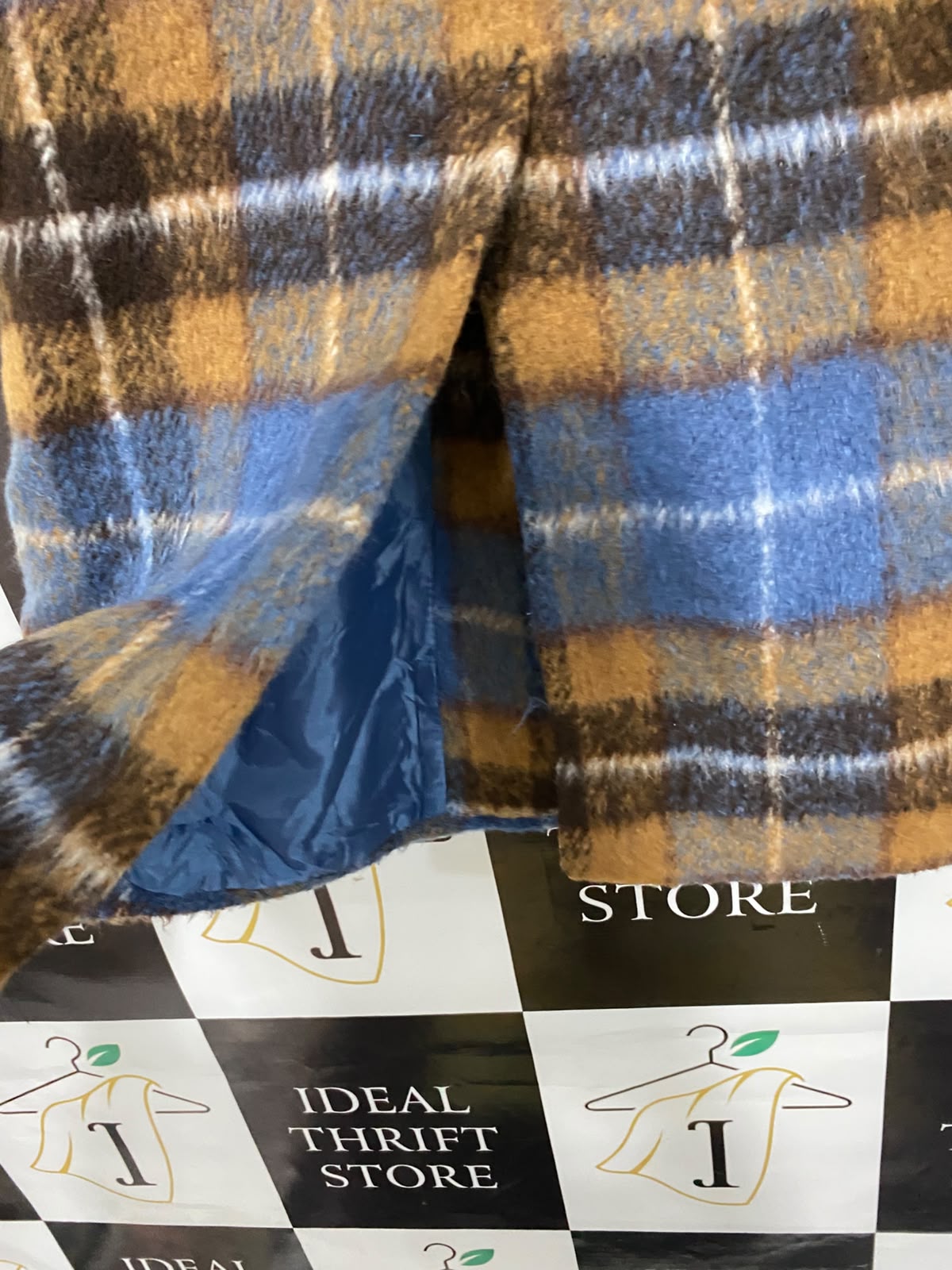 QEDLDN |S| BUST 20| A54| BLUE AND BROWN PLAID QED LONDON DOUBLE-BREASTED TECHNICAL UTILITY OVERCOAT