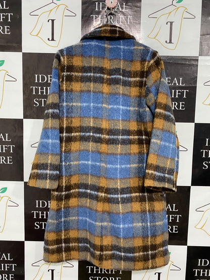 QEDLDN |S| BUST 20| A54| BLUE AND BROWN PLAID QED LONDON DOUBLE-BREASTED TECHNICAL UTILITY OVERCOAT